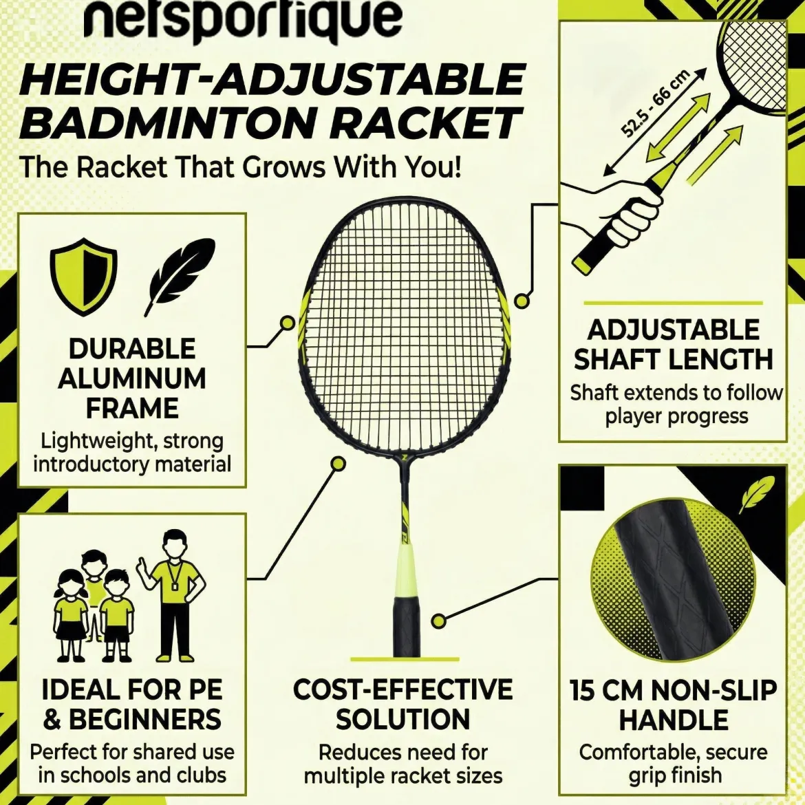 Raquette de badminton réglable en hauteur